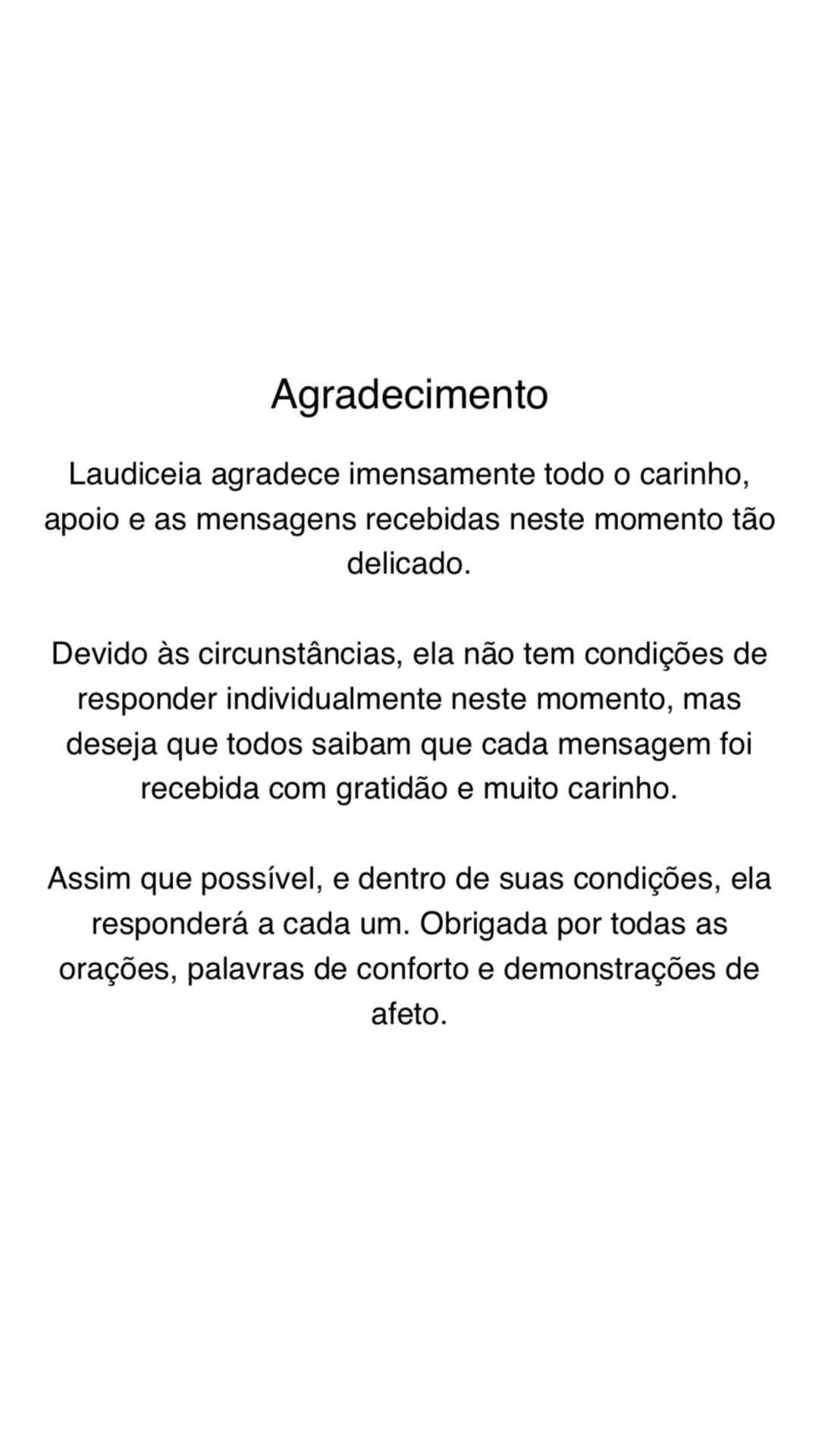 Comunicado de Laudiceia • Instagram/@laudiceiaprimeiravoz