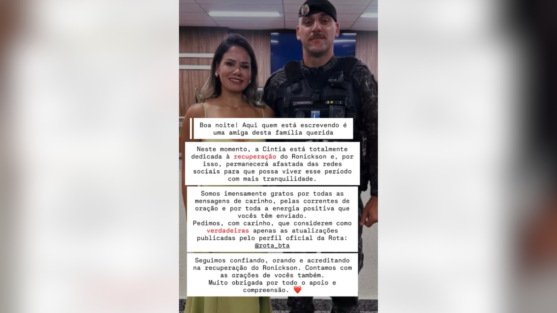 Mensagem foi publicada nas redes de esposa de tenente • Reprodução