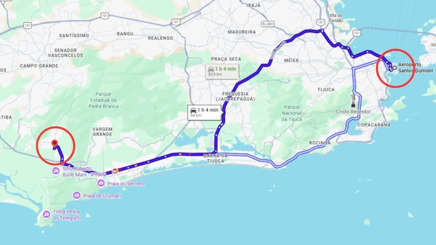 Imagem mostra trajetos que seriam realizados por helicópteros antes de queda no Rio de Janeiro • Reprodução