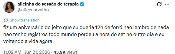 Alice Carvalho fez post sobre festa • X/Alice Carvalho