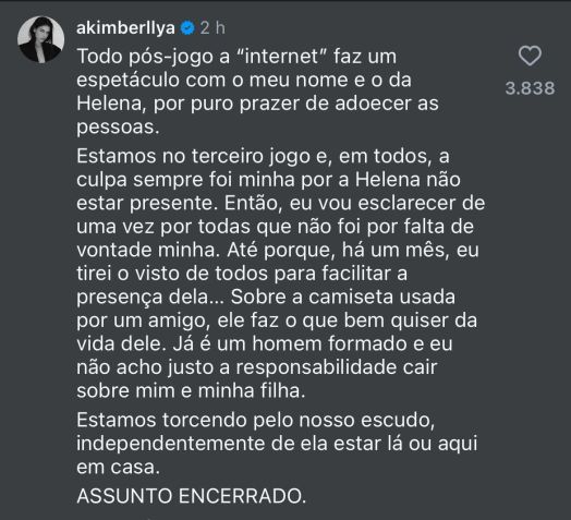 Amanda Kimberlly se pronuncia sobre Helena não estar na Copa com Neymar • Reprodução/ Instagram