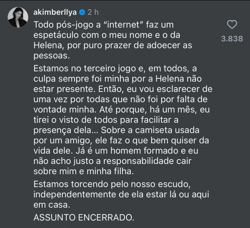 Amanda Kimberlly se pronuncia sobre Helena não estar na Copa com Neymar • Reprodução/ Instagram