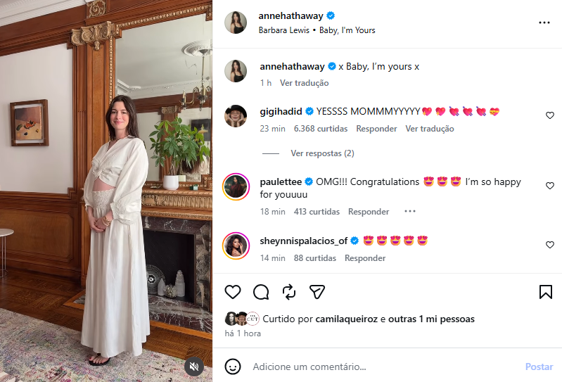 Anne Hathaway anunciou gravidez nesta sexta-feira (19) • Instagram/Anne Hathaway