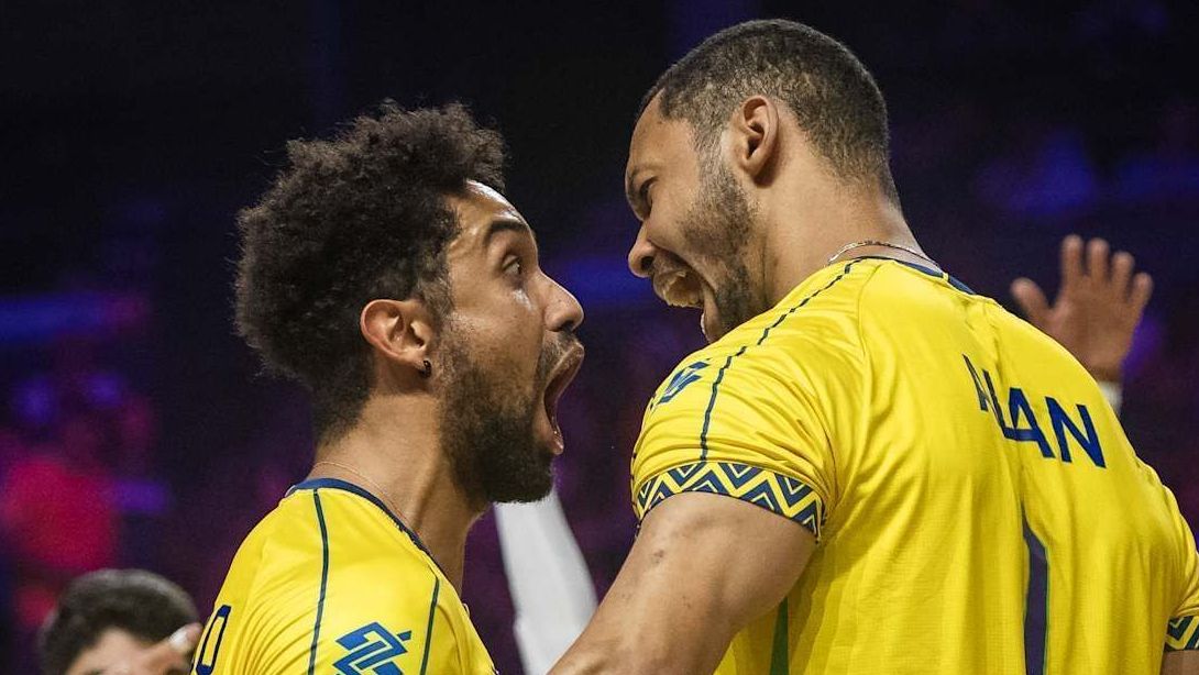 Seleção Brasileira masculina de vôlei durante partida contra Itália