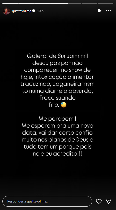 Gusttavo Lima cancela show em Surubim devido à intoxicação alimentar • Instagram/Gusttavo Lima