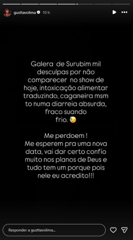 Gusttavo Lima cancela show em Surubim devido à intoxicação alimentar • Instagram/Gusttavo Lima