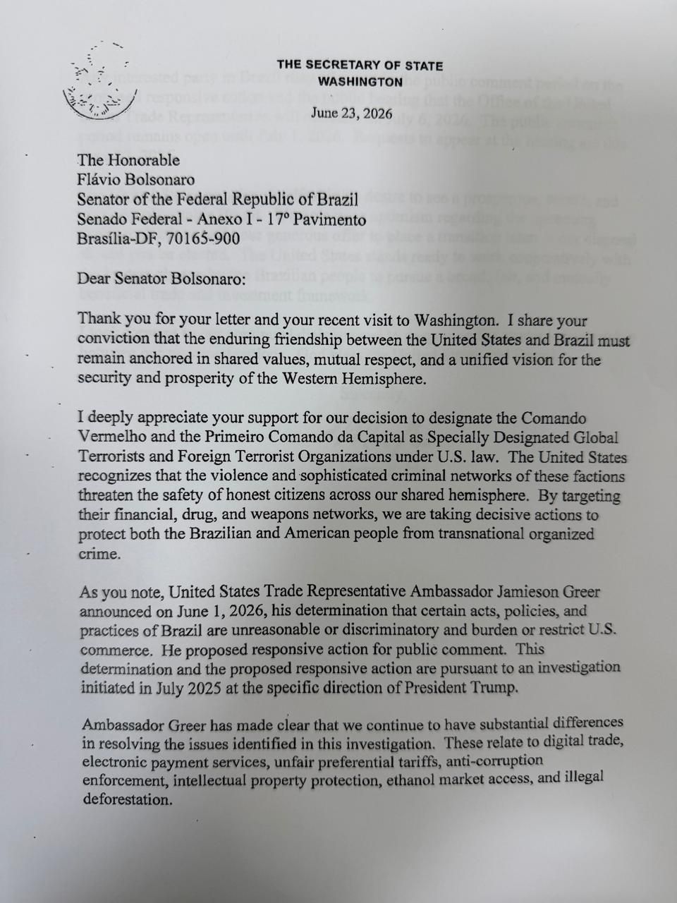 Primeira parte da carta divulgada pela campanha de Flávio Bolsonaro • Reprodução