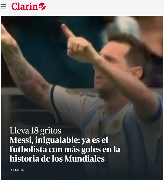 Clarín tratou Messi como "inigualável" após recorde em Copas • Foto: Reprodução/ Clarín