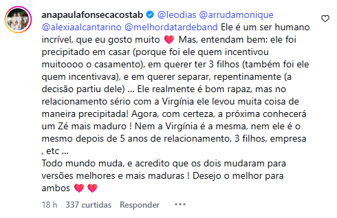 Prima de Virginia deixa comentário em que fala de relacionamento entre influenciadora e Zé Felipe • Reprodução/Instagram