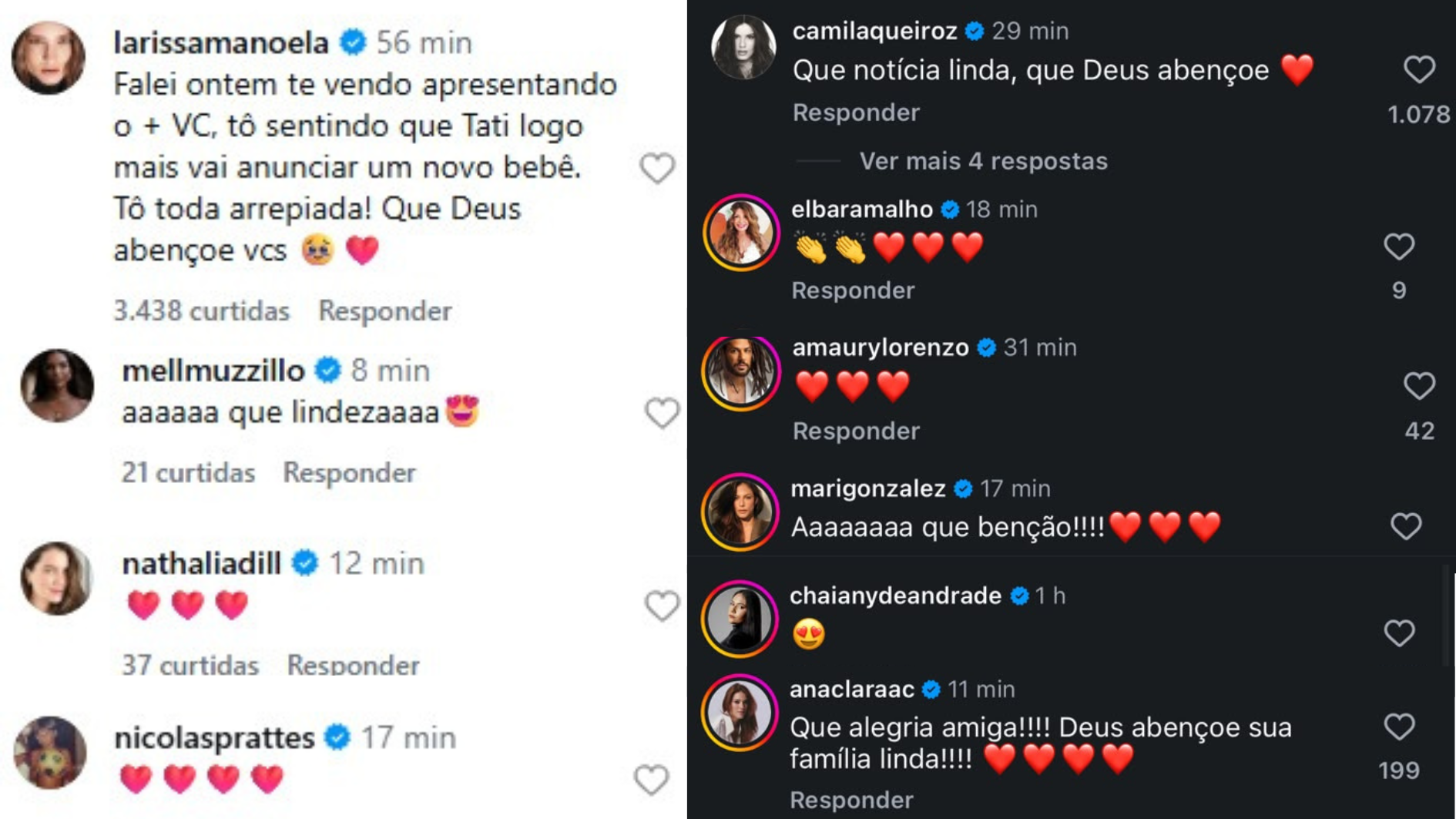Comentários de famosos na publicação de Tati Machado • Reprodução/Instagram