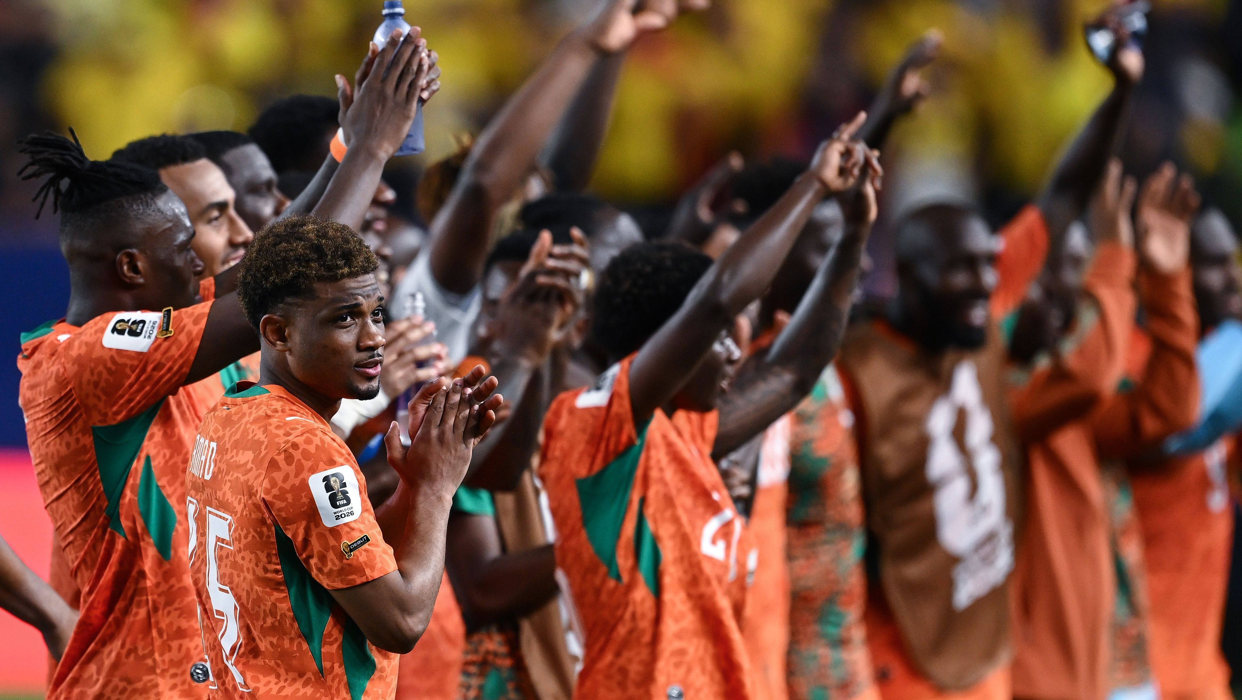 Jogadores da Costa do Marfim comemoram ao final da partida do Grupo E da Copa do Mundo da 2026 contra o Equador, no Estádio da Filadélfia