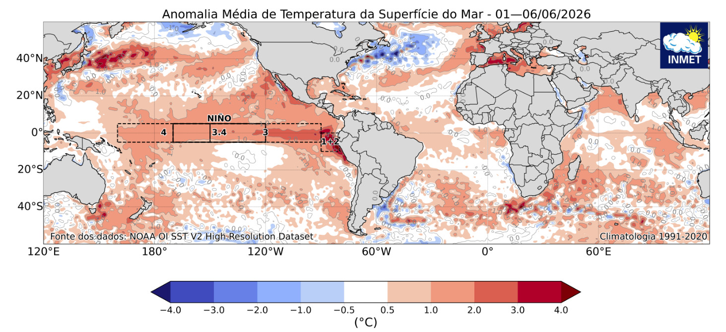 Anomalia de temperatura da superfície do mar na primeira semana de junho •