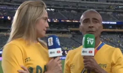 Fernanda Gentil e Romário durante entrada ao vivo após Brasil x Marrocos