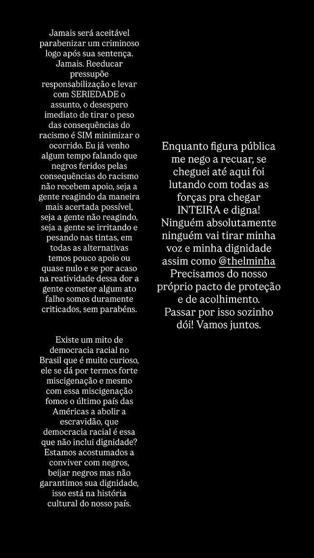 Gabz se pronuncia sobre apoio de famosos a Rodrigo Branco em caso de racismo contra Thelminha • Instagram/Gabz