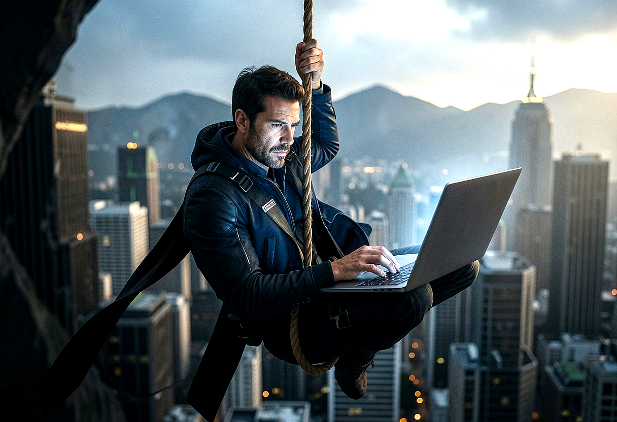 homem-pendurado-em-corda-digitando-laptop-no-alto-de-edifício