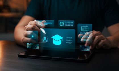 AI-powered digital education and learning. Person using tablet with virtual interface showing graduation cap, book, video, and search icons, representing smart learning and e-learning platform.