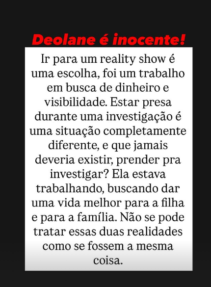 Dayanne Bezerra saiu em defesa da irmã, Deolane Bezerra, após decisão do TJSP • Instagram/Dayanne Bezerra