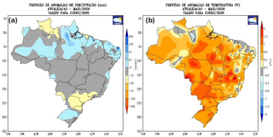 Previsão de desvios de (a) precipitação (mm) e (b) temperatura média do ar (°C) do modelo climático do INMET para o mês de junho de 2026 • Reprodução/Inmet