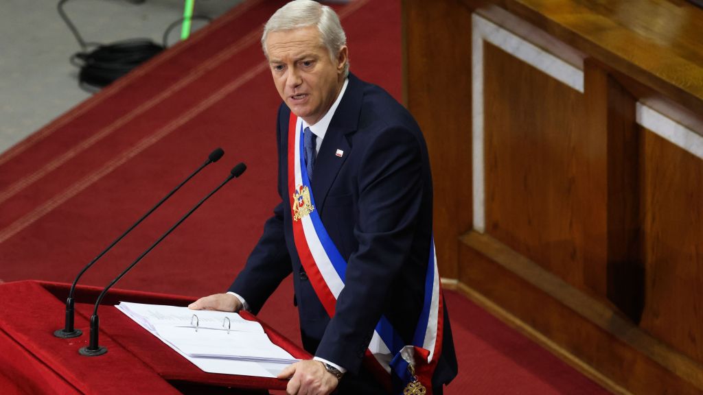 O presidente chileno, José Antonio Kast, discursa em seu discurso anual à nação no Congresso Nacional em Valparaíso, Chile, em 1º de junho de 2026.