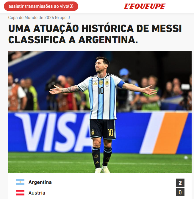 L'Équipe repercutiu atuação histórica de Messi • Foto: Reprodução/ L'Équipe