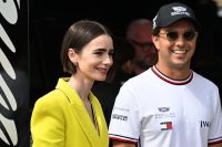 Lily Collins é vista com piloto de F1 Sergio Perez em gravação em Mônaco