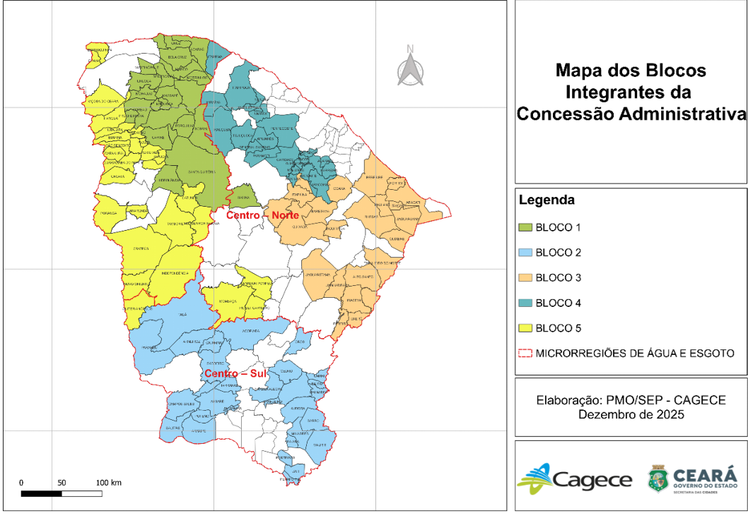 Mapa dos cinco blocos regionais de saneamento previstos na PPP da Cagece • Divulgação/Cagece