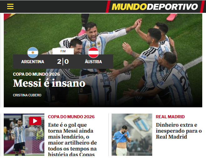 Mundo Deportivo reverencia Messi após atuação histórica na Copa • Foto: Reprodução/ Mundo Deportivo