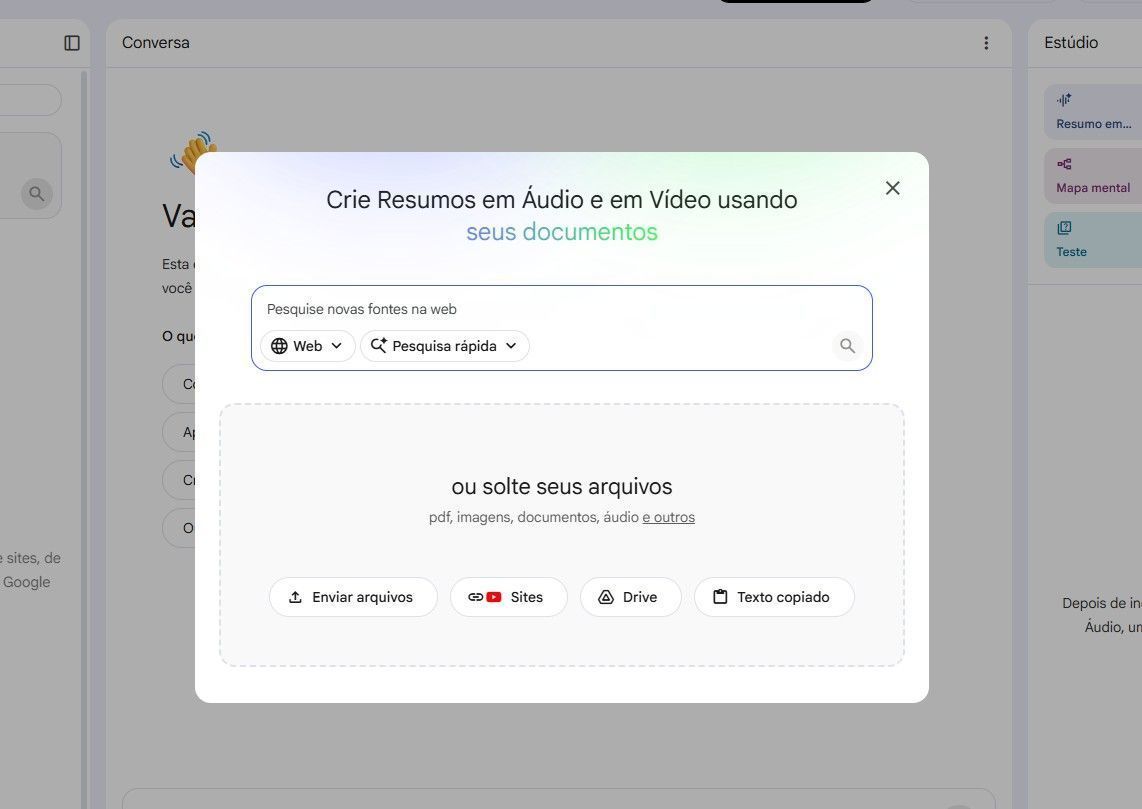 O NotebookLM pode transformar seus materiais de estudo em um podcast gerado por IA; e até em português. • Créditos: Reprodução/Google