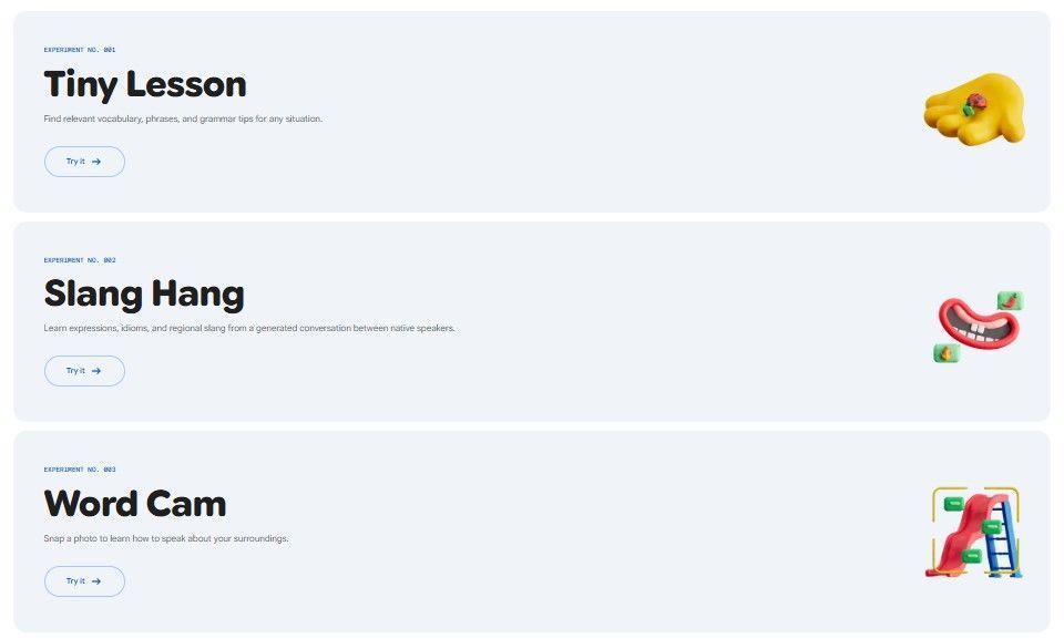 O Little Language Lessons oferece três formas principais de aprendizado: Tiny Lesson, Slang Hang e Word Cam. • Créditos: Reprodução/Google