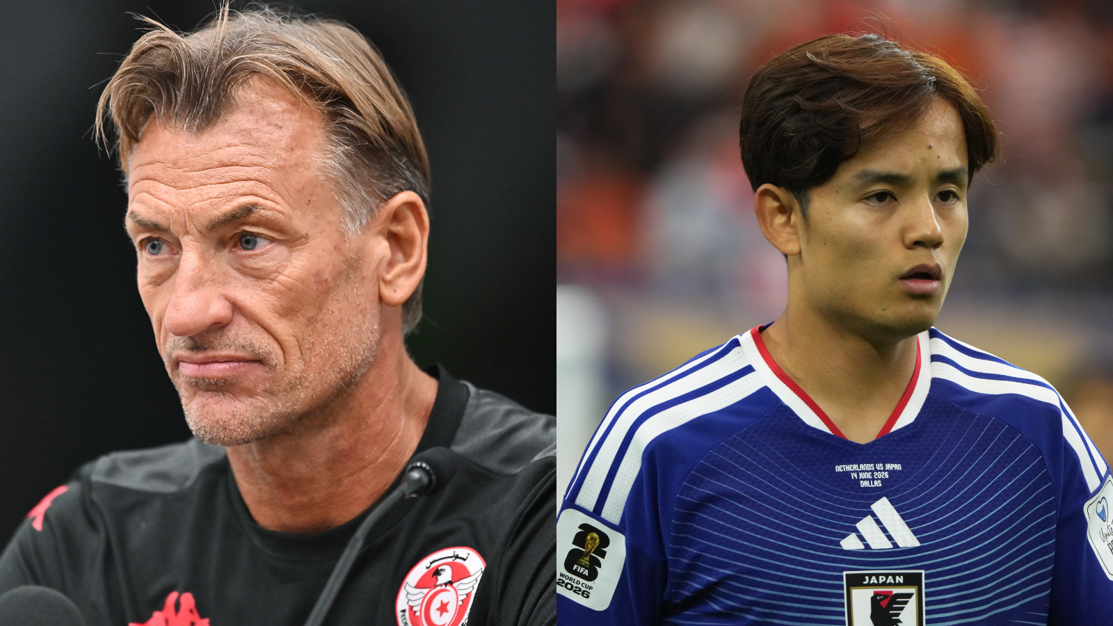 Hervé Renard, técnico da Tunísia, e Takefusa Kubo, do Japão