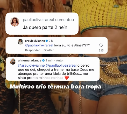 Paolla Oliveira deixa comentário em vídeo de Viviane Araújo e Aline Maia • Instagram/Aline Maia