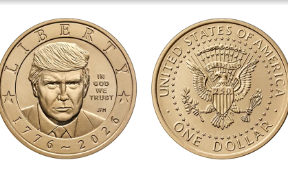 Ilustração da moeda de um dólar com o rosto do presidente americano Donald Trump