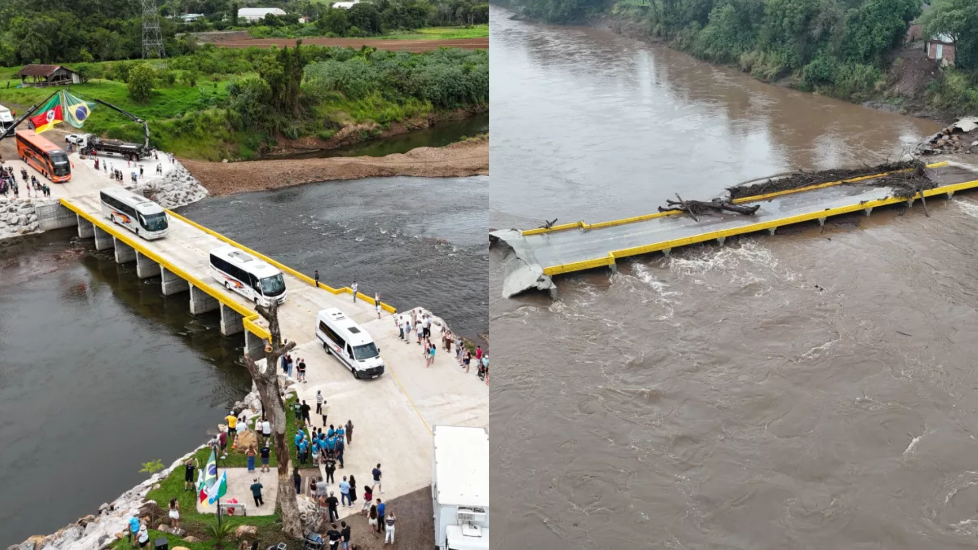 Ponte da Felizcidade em março, após reconstrução, e em julho, após ser destruída pela segunda vez. • Prefeitura de Feliz