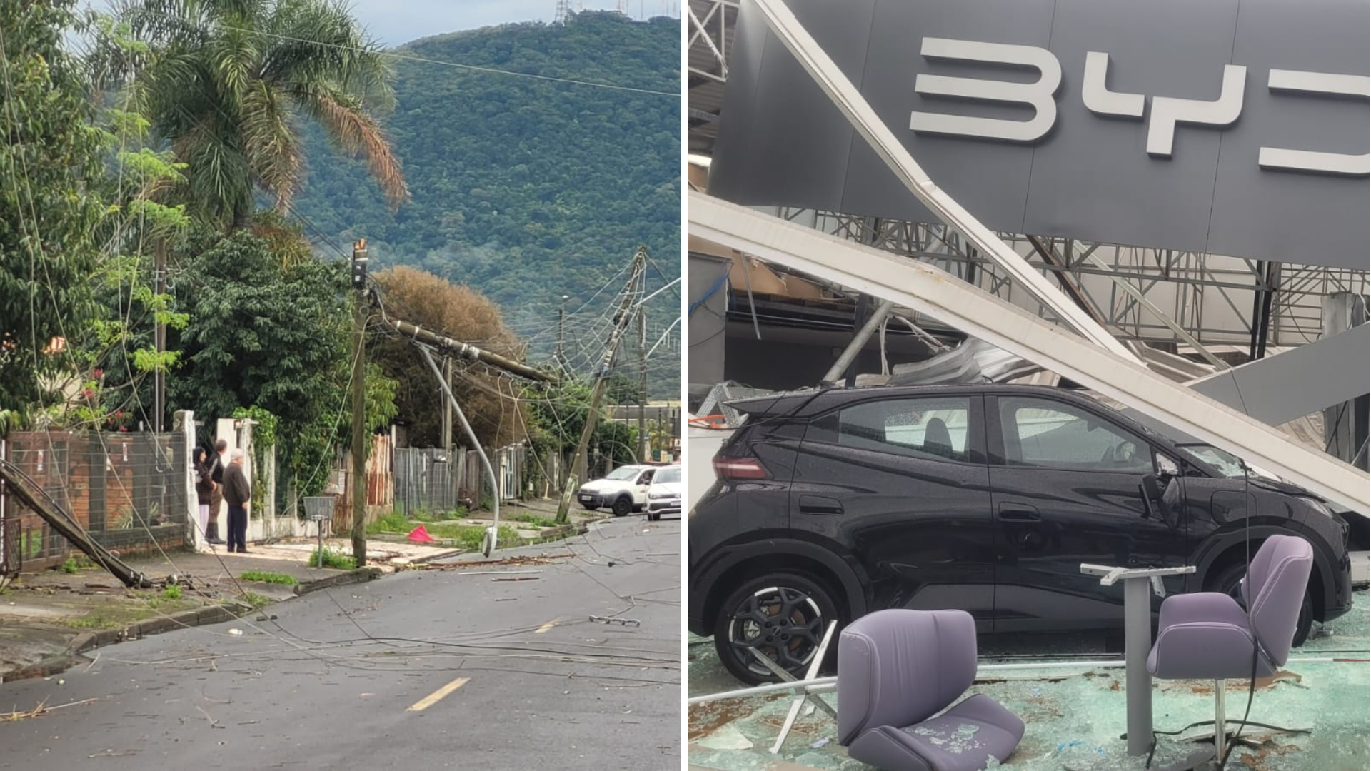 Além dos destelhamentos, a chuva e o vento forte também deixaram 20 postes caídos e 40 danificados