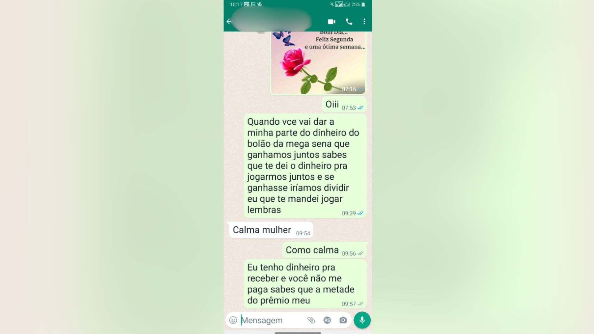 Mensagem entre parceiros mostra cobrança de mulher pelo dinheiro da Mega-Sena • Reprodução
