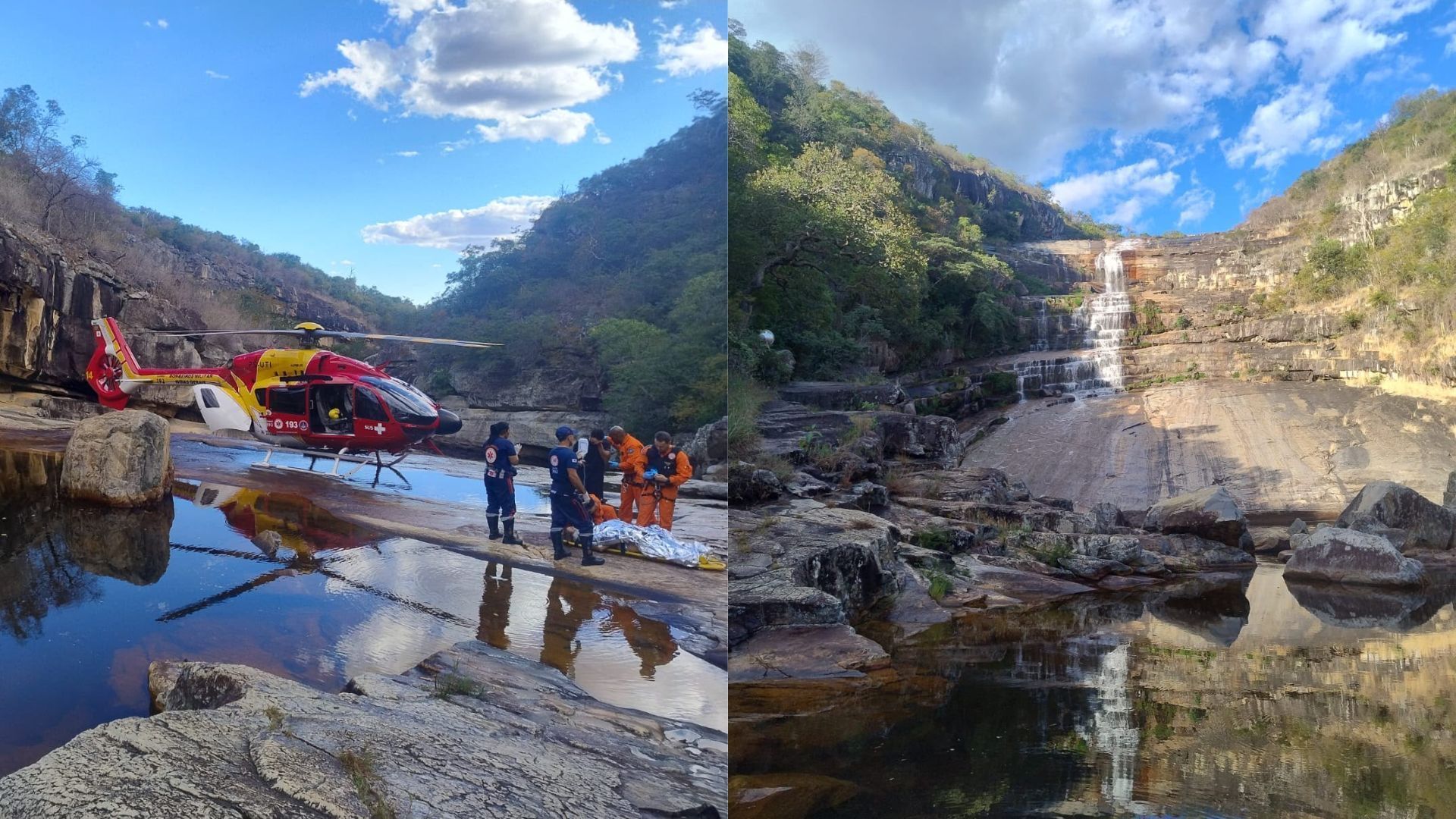 Mulher cai de cachoeira e é resgatada de helicóptero pelos Bombeiros em