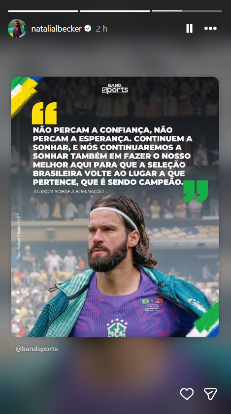 Natalia Becker compartilha frase do marido após eliminação do Brasil • Reprodução/Instagram