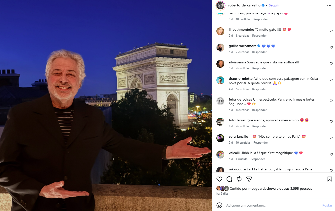 Lilibeth deixou elogio em clique de Roberto nas redes sociais • Instagram//Roberto de Carvalho