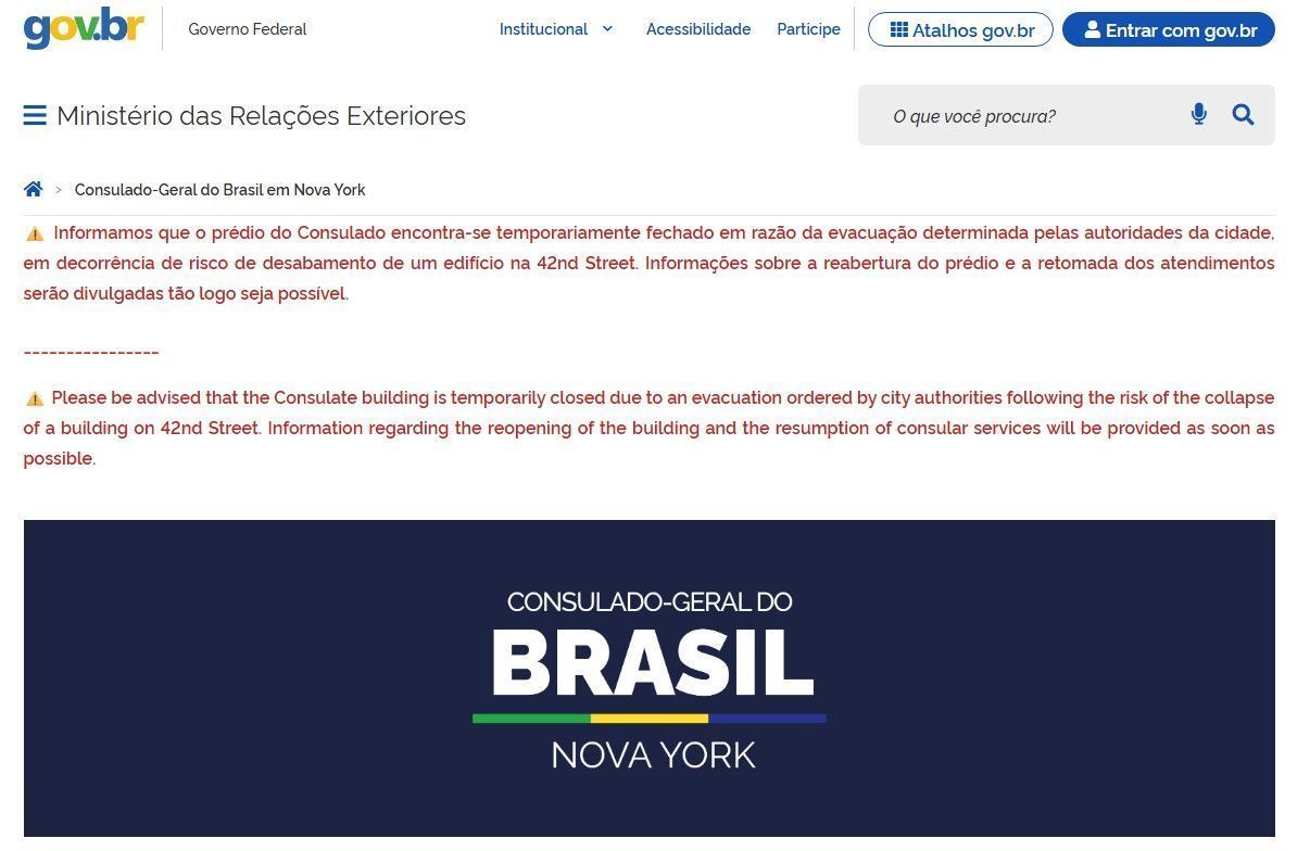 Consulado do Brasil em Nova York fecha por risco de queda de prédio vizinho