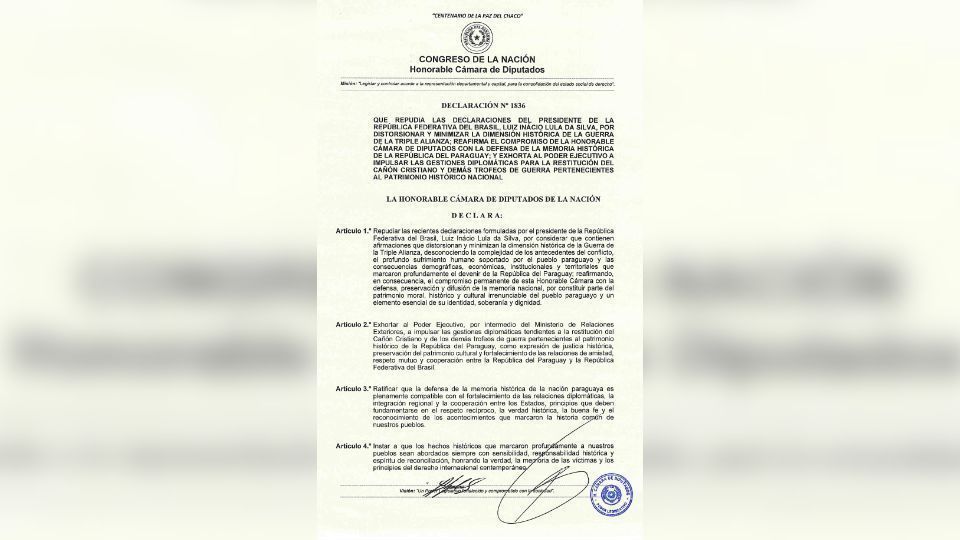 Declaração oficial do Congresso do Paraguai repudiando fala de Lula sobre guerra • Congresso do Paraguai