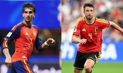 Ferran Torres, da Espanha, e Brandon Mechele, da Bélgica, estão pendurados para a partida das quartas de final