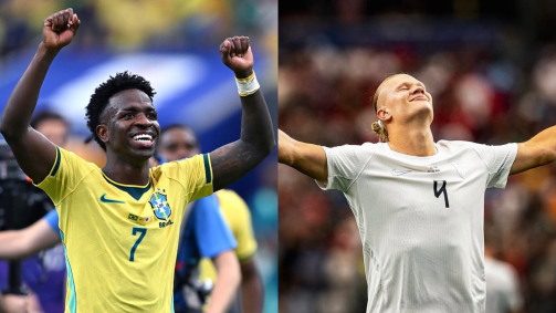 Vini Jr. , jogador da Seleção Brasileira e do Real Madrid e Haaland, atacante da Noruega e do Manchester City