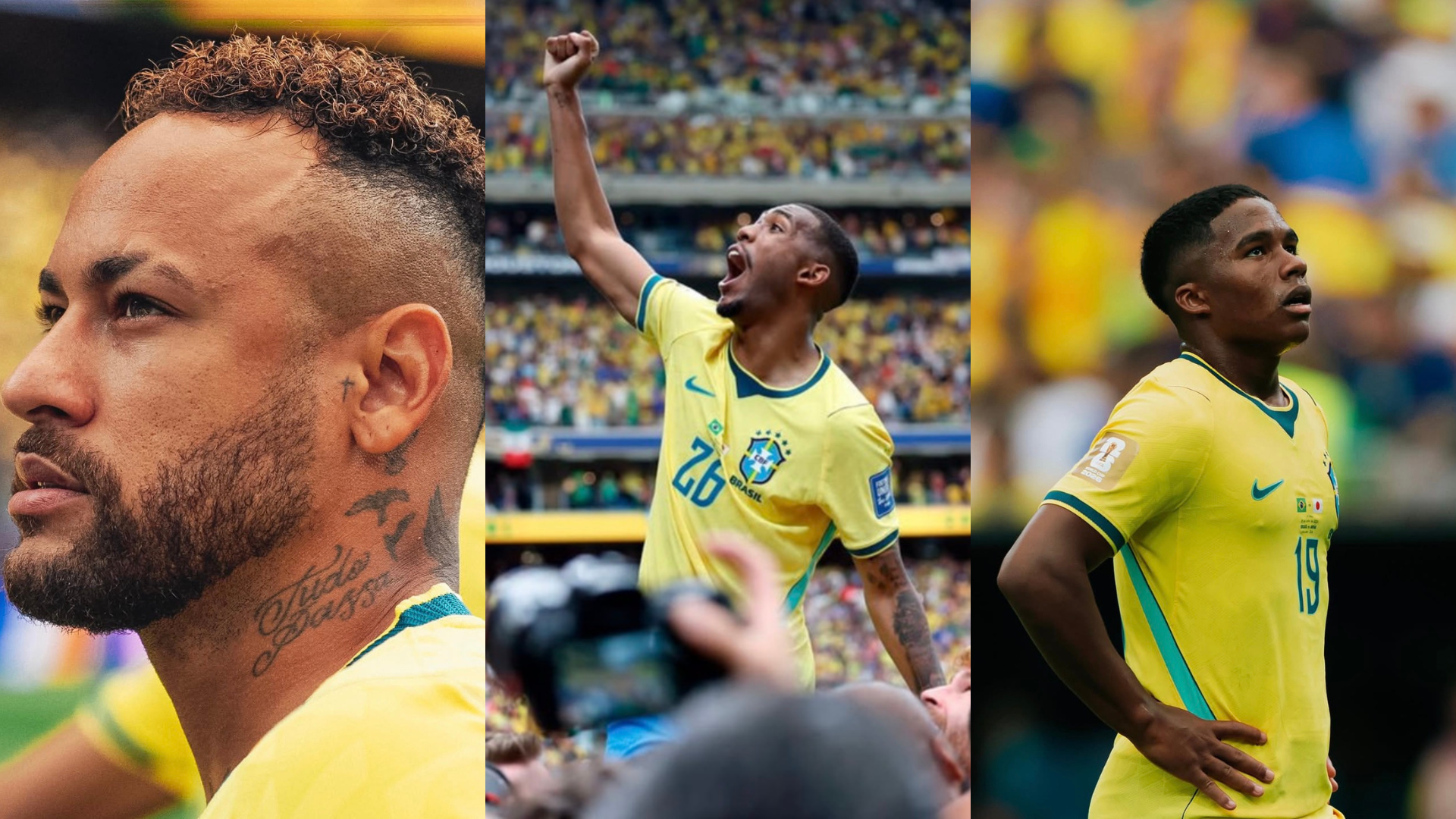 Neymar, Rayan e Endrick, atletas da Seleção Brasileira