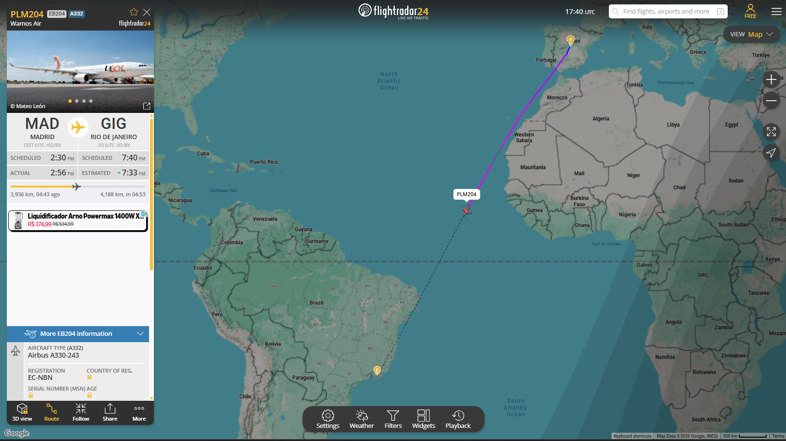 Imagem mostra A330 da Gol em rota para a entrega no Brasil • Reprodução/FlightRadar24