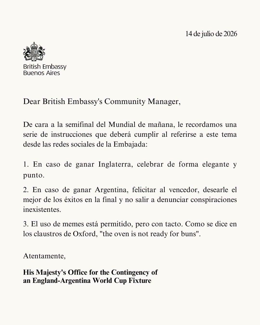 Postagem da Embaixada britânica na Argentina • Reprodução/Embajada Británica en Argentina via Facebook