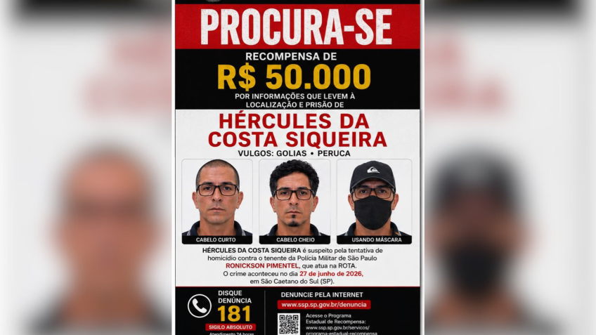 A Secretaria da Segurança Pública do Estado de São Paulo está oferecendo recompensa de R$ 50 mil por informações de Hércules da Costa Siqueira, conhecido pelos vulgos “Golias” e “Peruca” • Divulgação/SSP