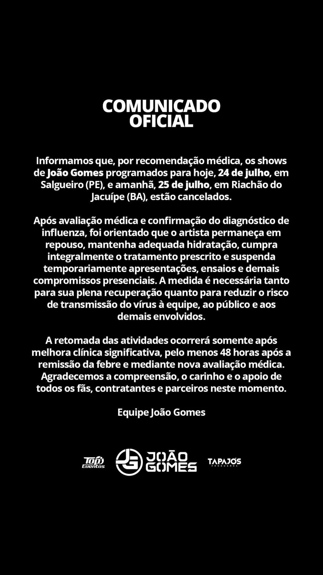 João Gomes cancela shows após ser hospitalizado por influenza • Instagram/João Gomes