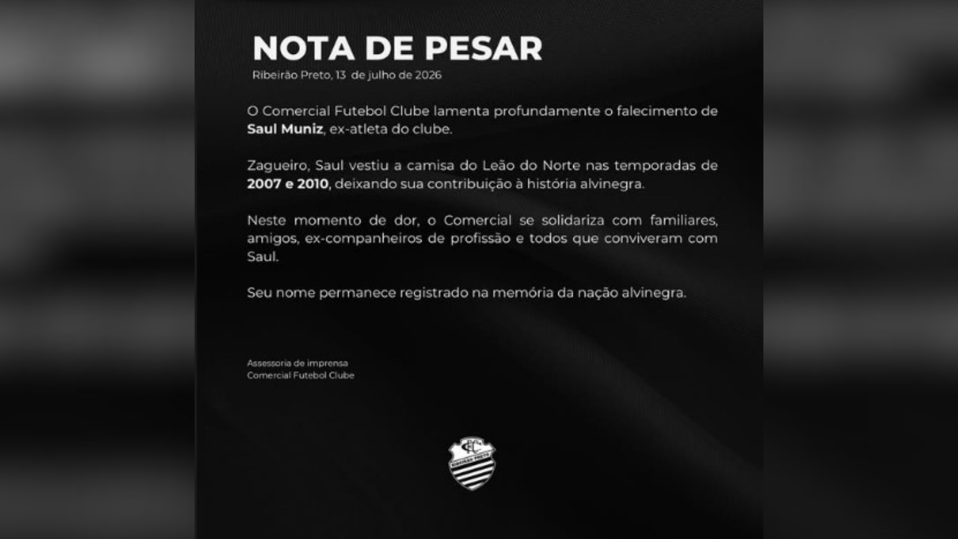 Nota foi publicada na tarde de segunda (13). • Reprodução/Redes Sociais @comercialfcoficial