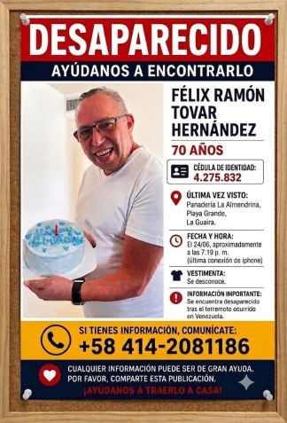 Félix Tovar, desaparecido após os terremotos que atingiram a Venezuela na última quarta-feira (24) • Daniel Medina