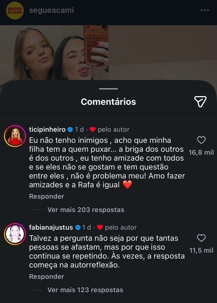 Fabiana Justus e Ticiane Pinheiro comentaram em página sobre suposta rixa envolvendo Antonela Braga • Reprodução/Segue a Cami